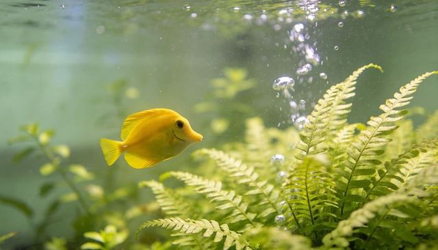 Yellow tang swimming through planted aquarium ferns with rising bubbles and green foliage