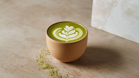 Ceramic cup holding matcha latte with leaf latte art on beige neutral tabletop