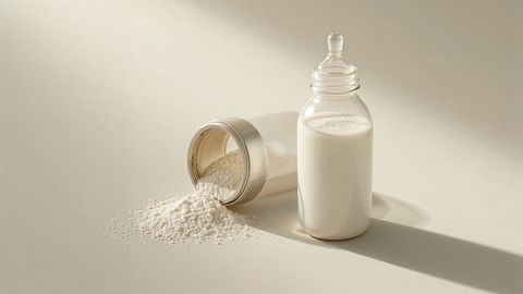 Baby Bottle with Milk and Spilled Formula Powder on Neutral Background