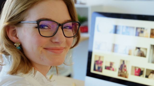 This captures a Caucasian female graphic designer at her desk in an office. She is smiling and wearing glasses, suggesting a professional yet approachable demeanor. Computer screen in the background illustrates a digital workplace. Useful for promoting graphic design services, showcasing modern work environments, or illustrating female empowerment in the creative industry.