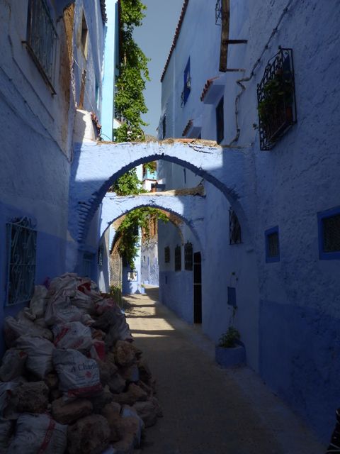 Image showcasing narrow alleyway in Chefchaouen, Morocco, known for its distinctive blue-painted walls and Mediterranean style architecture. Serene atmosphere with natural light highlighting unique archways. Ideal for use in travel brochures, cultural heritage articles, and artistic urban settings.