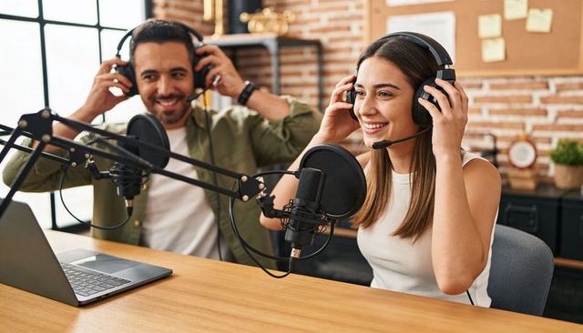 Recording cohost duo using headsets and microphones in bright creative studio
