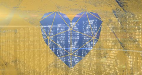 Geometric heart with binary code overlay representing technology and love