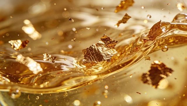 Floating gold leaf flakes in liquid wave with sparkling bokeh and metallic texture