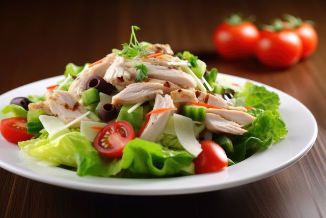 Fresh chicken salad with vibrant vegetables and herbs presents a healthy and nutritious meal option. Ideal for illustrating menu items for restaurants, articles about healthy eating, meal planning guides, or culinary blogs focused on nutritious recipes.