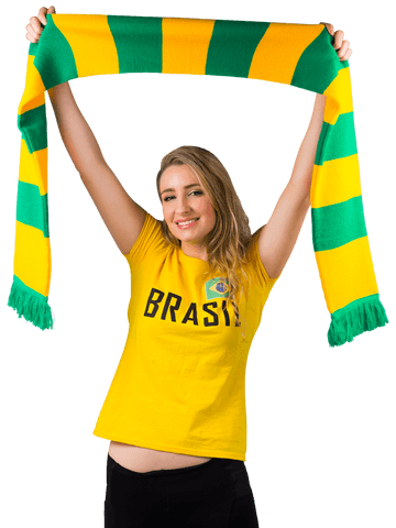 Energetic football fan celebrating with brazilian scarf on transparent background