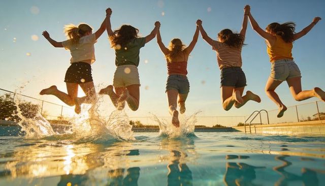Young women jumping into pool at sunset holding hands splashing water during golden hour