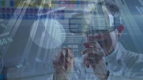 Man Engaging with Virtual Reality Interface and Data Visualization