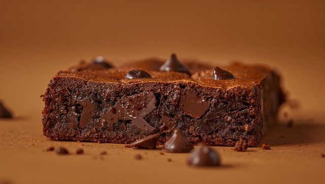 Square brownie slice revealing molten chocolate pockets with glossy chips on matte brown