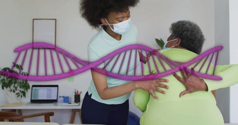Nurse assisting elderly patient with genomic health overlay