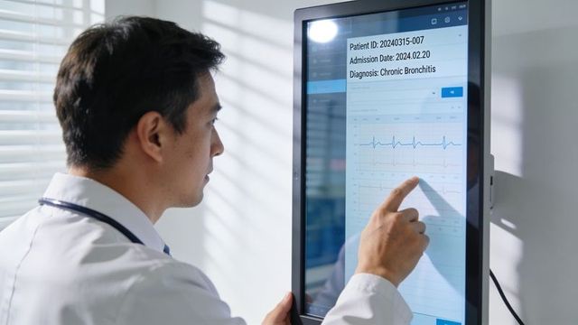 Doctor reviewing digital ekg on vertical touchscreen monitor in sunlit clinic