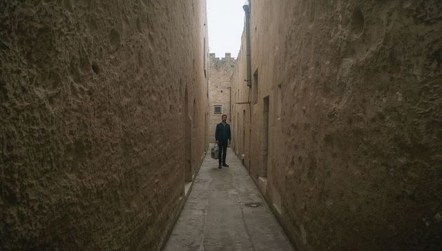 Man standing in narrow sandstone alley holding tote bag with historic stone walls