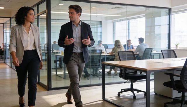 Walking coworkers discussing strategy in modern open-plan office with glass meeting room
