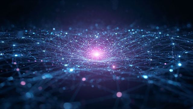 Pulsing magenta core sending ripples across cyber data mesh with cyan nodes