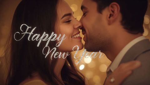 Intimate couple leaning noses for kiss in golden bokeh new year celebration
