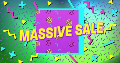 Retro memphis massive sale poster with bold yellow typography and geometric confetti