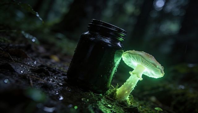 Bioluminescent mushroom glowing beside wet glass jar on mossy forest floor at twilight