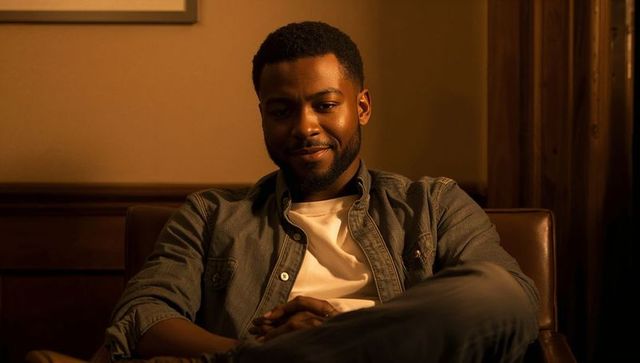 Warm moody portrait of man relaxing on leather armchair during cozy evening at home