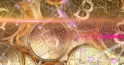 Gold Bitcoins with QR Code and Digital Effects Representing Cryptocurrency