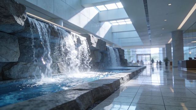 Atrium cascading stone waterfall with sunlit reflective marble floor beneath skylights
