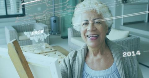 Elderly Woman Painting in Modern Living Room with Futuristic Elements