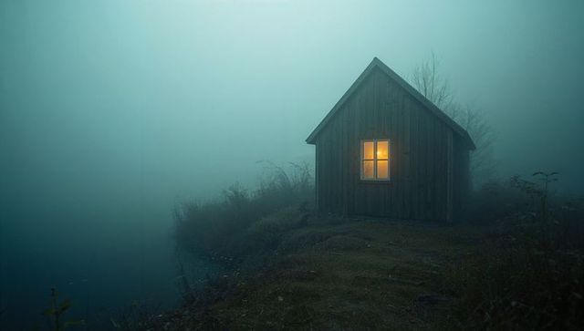 Solitary cabin with glowing window in foggy wilderness