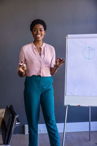 Confident professional presenting in office with flipchart