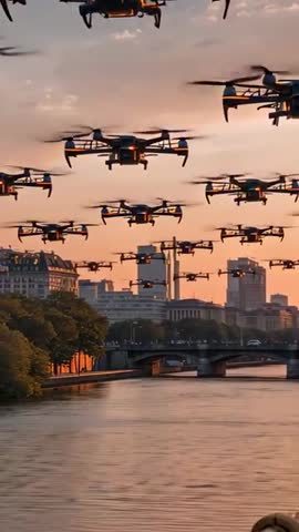 Drone Swarm Approaching Camera Over River at Sunset Vertical City Skyline Footage