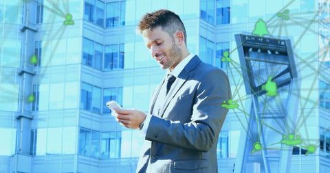 Businessman Engaging Digital Network Overlaid on Urban Office Setting - Download Free Stock Images Pikwizard.com