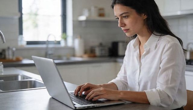 Young woman working on laptop at kitchen counter | minimalist home office productivity