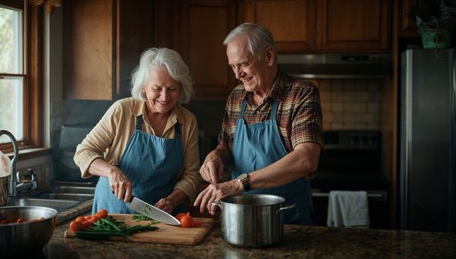 Senior couple cooking together in sunlit kitchen, chopping vegetables and smiling