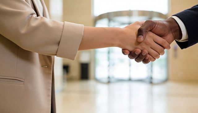 Business professionals shaking hands in modern office lobby close-up