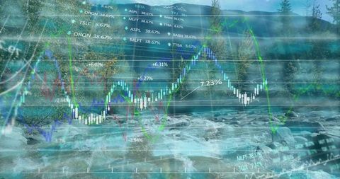 Financial graphs overlaying serene river valley