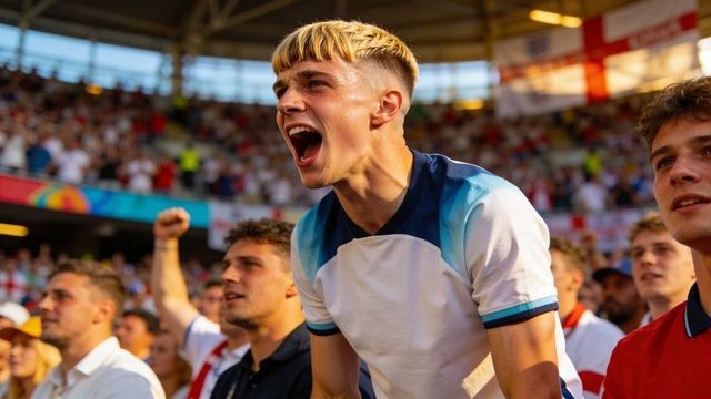 Young supporter cheering ecstatically in stadium crowd during football match