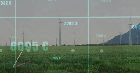 Wind farm showing turbines with teal data overlay and currency metrics for analytics