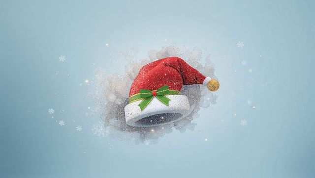 Sparkling santa hat with green bow and gold pompom on pastel blue winter background