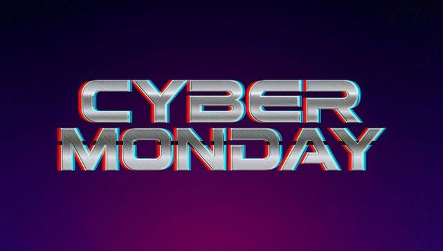 Displaying cyber monday neon chrome text with red cyan glitch futuristic 3d metallic brushed