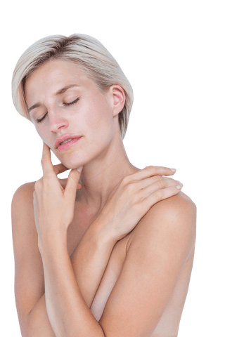Peaceful caucasian woman gently touching neck on transparent background