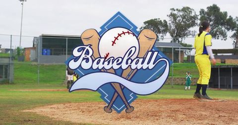 Pitcher throwing baseball in vibrant field with emblem overlay