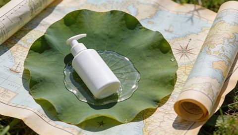 White pump dispenser on lotus leaf over antique world map with water droplets and sunlit reflections