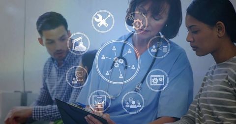 Pointing clinician consulting patient with digital health overlays and telemedicine icons