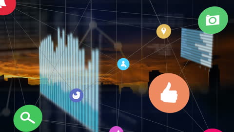 Digital Icons Over Cityscape Symbolizing Data Processing and Connectivity