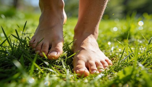 Bare feet pressing into dewy grass, sunlight sparkling on droplets, summer morning calm
