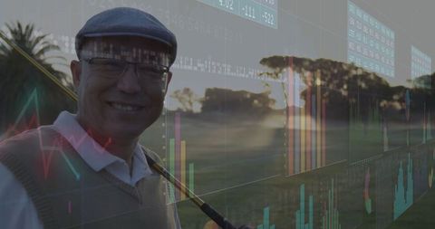 Senior golfer enjoying morning game with financial data background