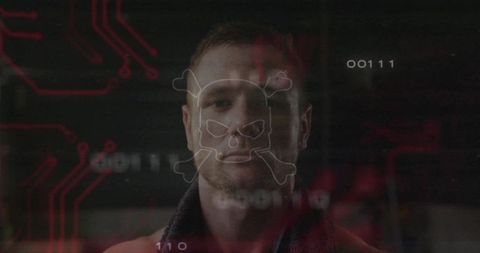 Man facing holographic skull interface with binary traces in futuristic cyber hub