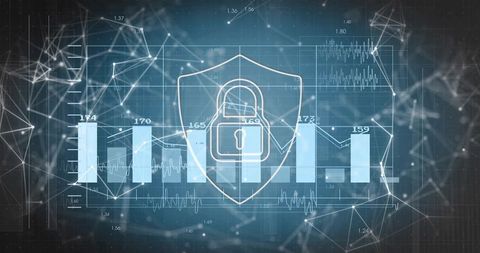 Digital Shield Protecting Enterprise Data with Padlock Overlaying Analytics Dashboard