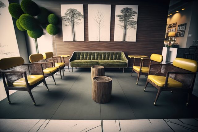 Office waiting room with furniture and paintings on wall, created using generative ai technology. Business modern interiors concept digitally generated image.