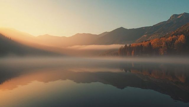 Autumn lake with mist and mountain reflections at sunrise