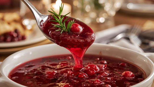 Glossy Cranberry Sauce Spoon Pouring Over Bowl with Fresh Cranberries and Rosemary