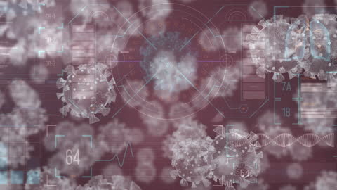 Digital design showing analysis of COVID-19 cells with tech graphics and data processing elements. Useful for illustrating themes related to global healthcare challenges, medical research innovation, and advancements in pandemic analytics and technology.